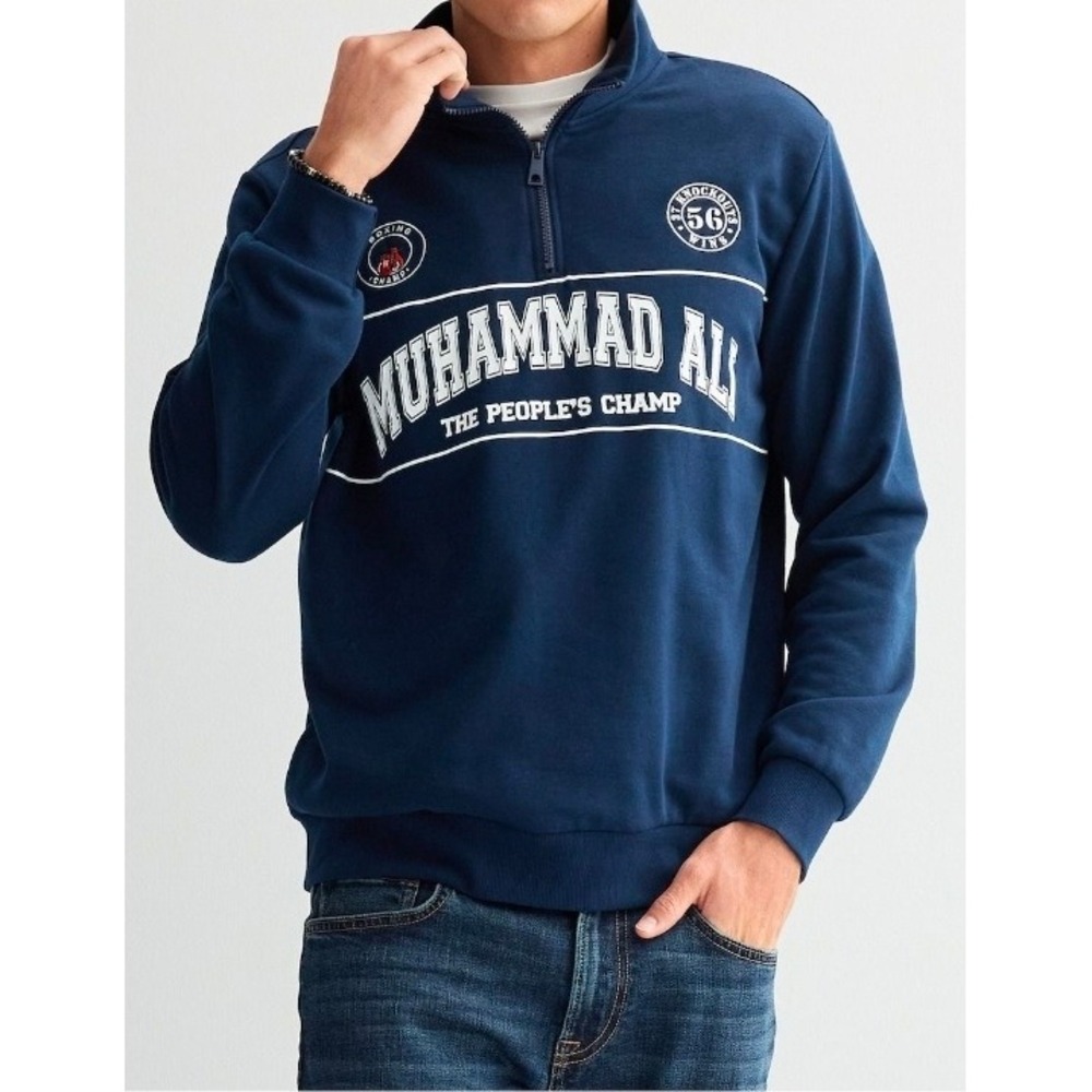 Muhammad Ali Quarter Zip Sweatshirt Navy Blue The Greatest of All Time Mens M